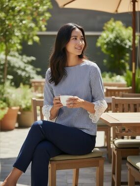 Liz Claiborne Navy and White Pinstripe Blouse with Lace Bell Sleeves